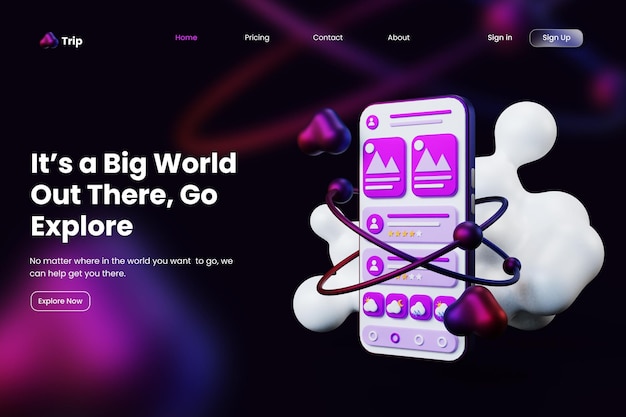 tourist trip landing page with 3d mobile and icon template