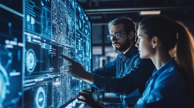 Two programmers collaborating on a large screen displaying complex data