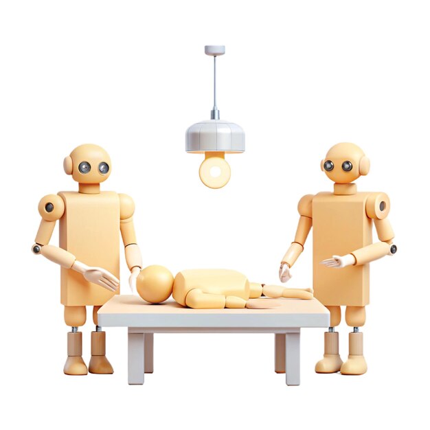 two robots are standing next to a table with a light on it