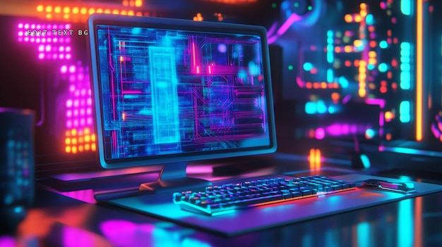 Vibrant gaming setup with computer displaying internal components keyboard and mouse under colorful LED lights