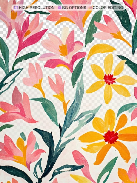 Vintage Boho Floral Pattern with Colorful Cutout Flowers on White Background