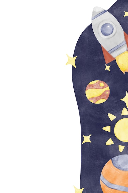 Watercolor Illustration Vertical Frame Space Theme with Space Rocket Sun Planets Stars Comet