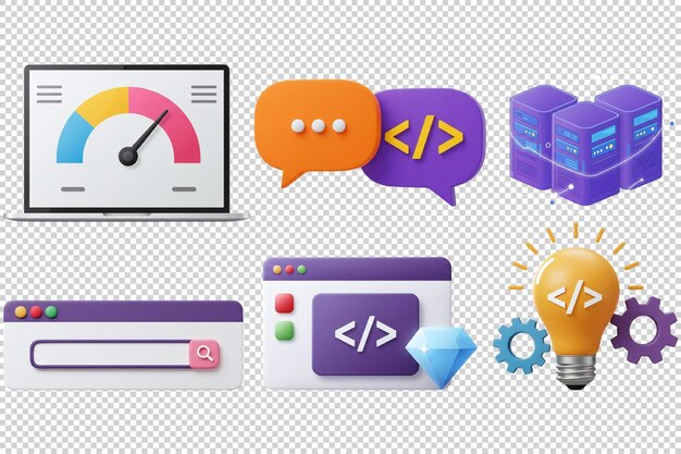 Website and coding related icons set with speedometer laptop speech bubble code programming
