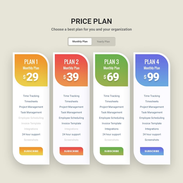 website pricing table