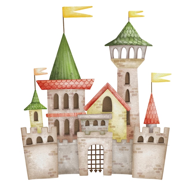 Whimsical medieval castle watercolor illustration with colorful towers and flags
