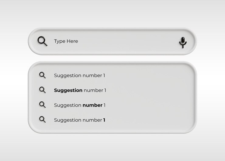 PSD white 3d search bar with voice input and search suggestions