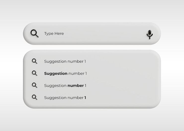 PSD white 3d search bar with voice input and search suggestions