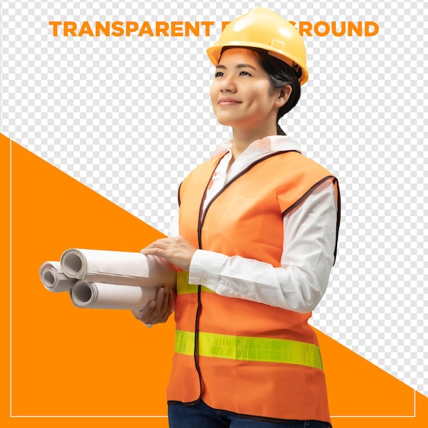 woman engineer holding blueprints with transparent background