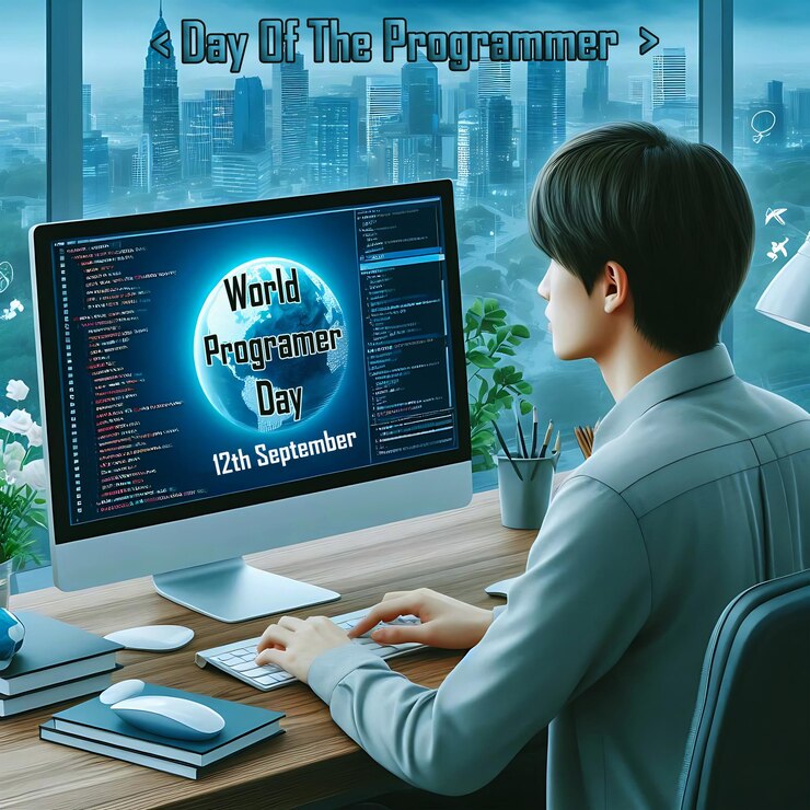 PSD world programmer day celebration templet with pc background