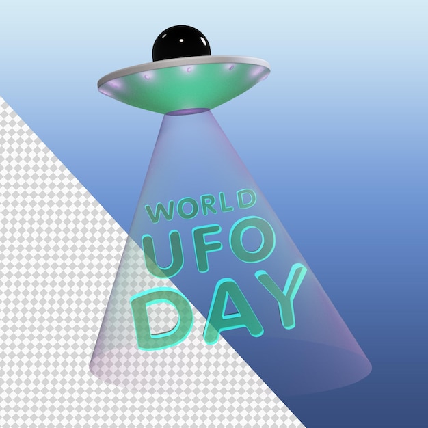World UFO Day 3D flying alien spaceship with beam isolated 3D rendering