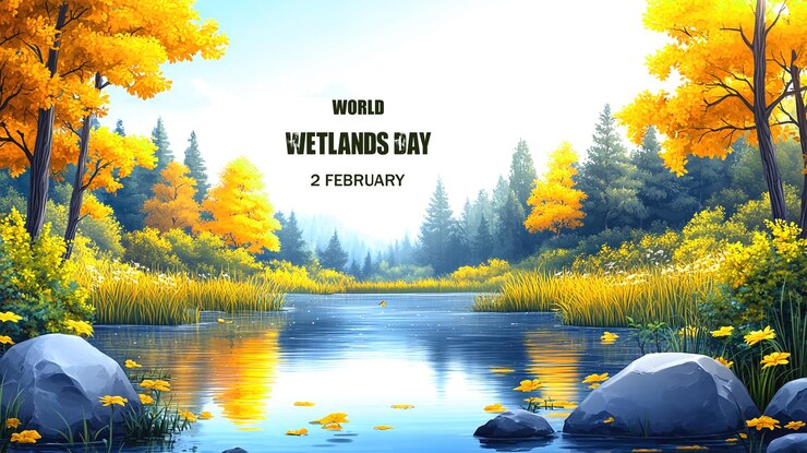 PSD world wetlands day design with animals and lake background