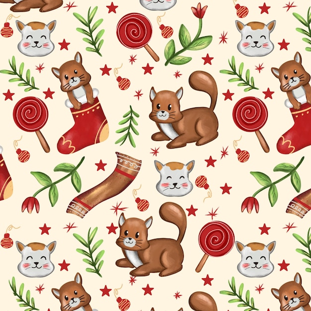 wrapping paper design for christmas with cute cat theme with leaf and scarf elements