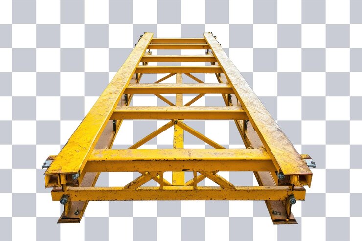 PSD yellow steel scaffolding frame positioned horizontally for construction and maintenance work