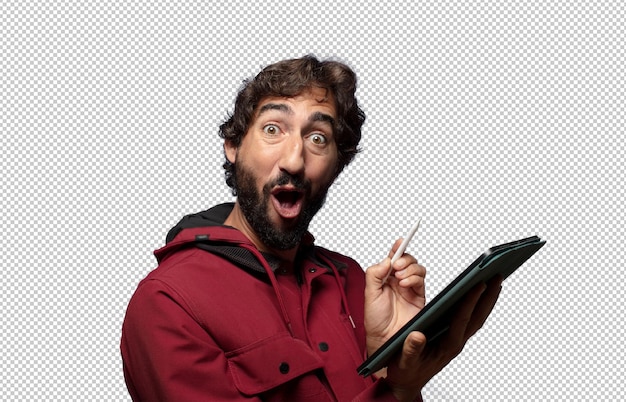 young adult man using a touch screen tablet