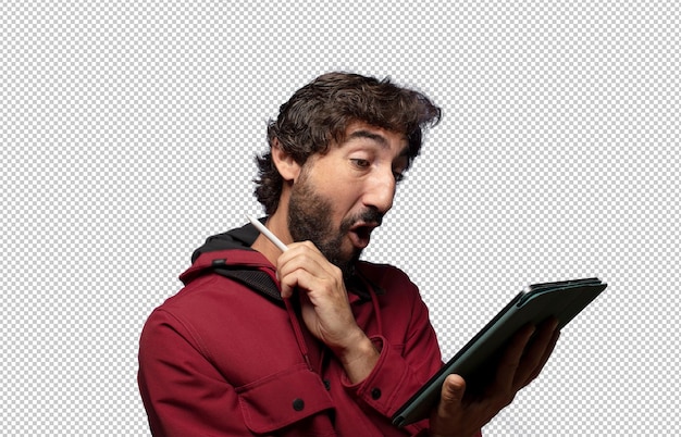 young adult man using a touch screen tablet