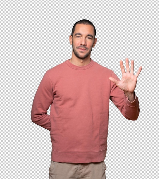 young man making a number five gesture