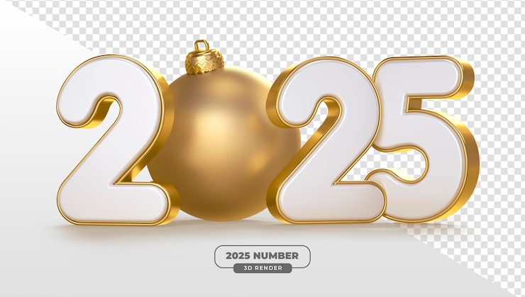 PSD Gratis 2025 gold and white numbers with hanging gold ball in 3d render with transparent background