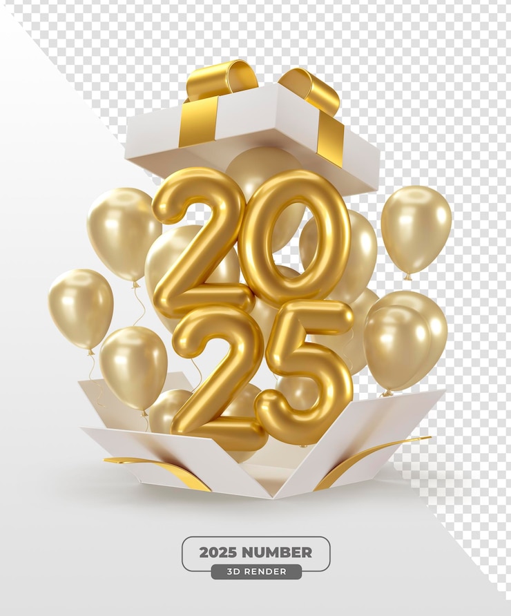 PSD Gratis 2025 gold numbers with balloons in gift box in 3d render with transparent background