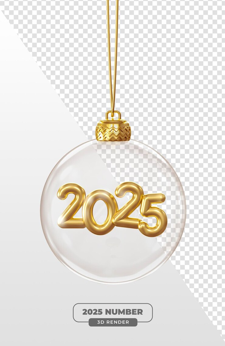2025 Gouden cijfers binnen Transparent Kerstversiering in 3D Render met transparante achtergrond