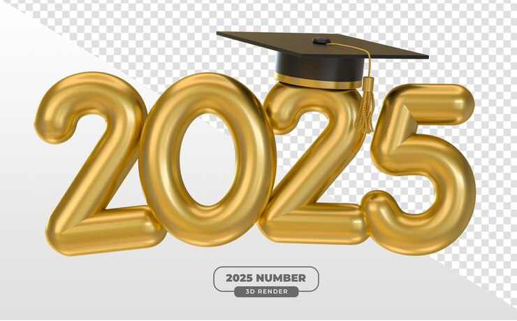 Gratis PSD 2025 gouden cijfers met afstuderen cap in 3d render voor academic achievement celebrations met transp