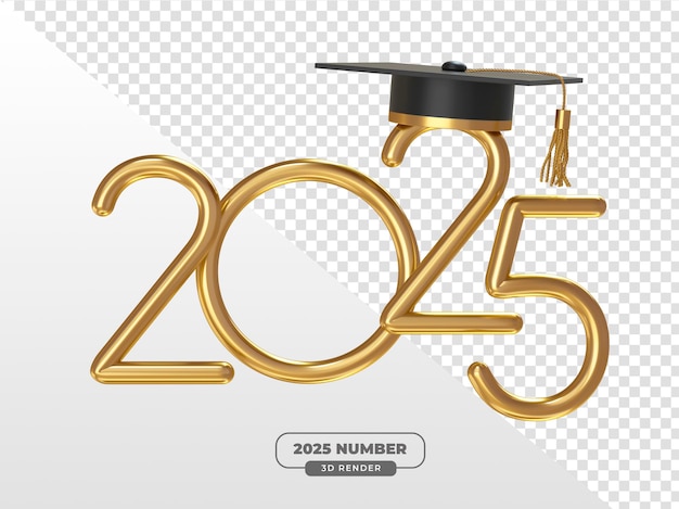 2025 Números de oro con gorra de graduación en 3D Render para celebraciones de logros académicos con transp