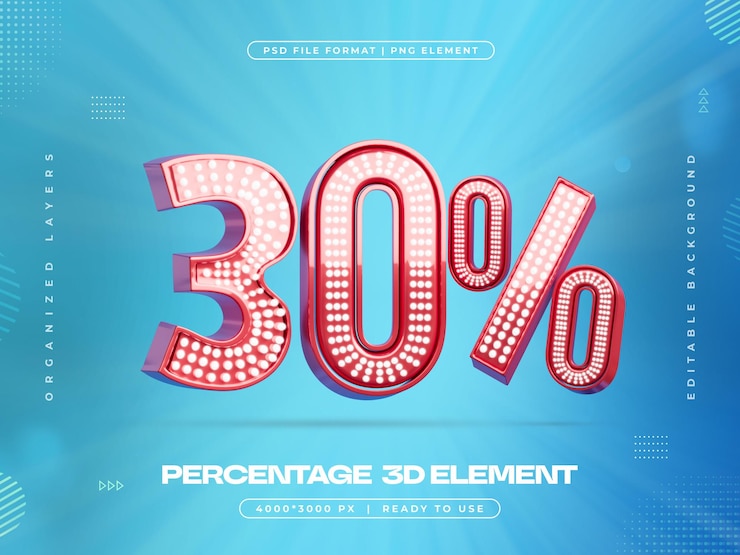 Gratis PSD 30 procent korting geïsoleerde 3d-rendering illustratie