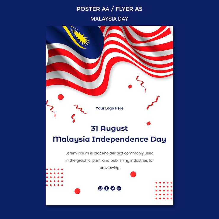 PSD gratuito 31 agosto modello di cancelleria per poster del giorno dell'indipendenza della malesia