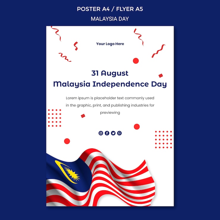 PSD gratuito 31 de agosto plantilla de papelería de volante del día de la independencia de malasia