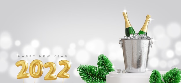 3d de 2022 feliz año nuevo con champán sobre fondo blanco y brillante.