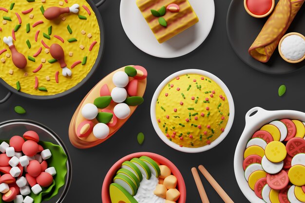 3D-achtergrond met assortiment van gastronomische gerechten
