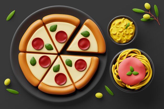 3D-achtergrond met assortiment van gastronomische gerechten