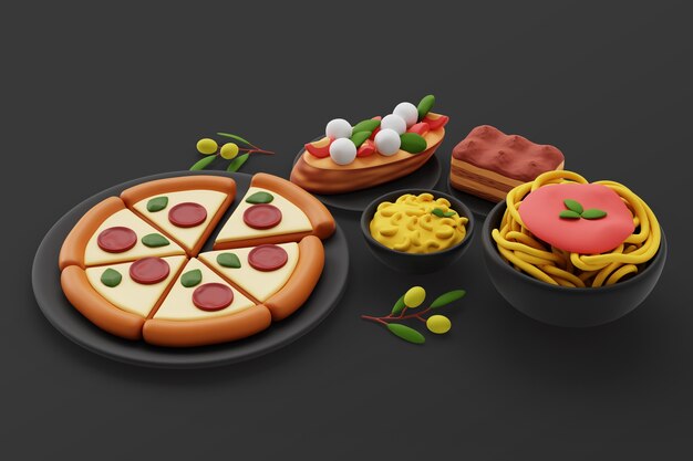 3D-achtergrond met assortiment van gastronomische gerechten