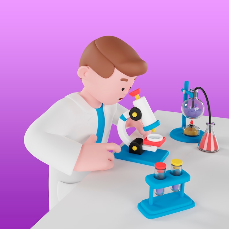 Gratis PSD 3d achtergrond met wetenschapper die in laboratorium experimenteert