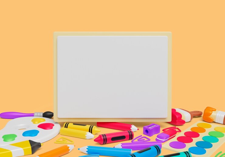 PSD Gratis 3d background with blank banner and art supplies