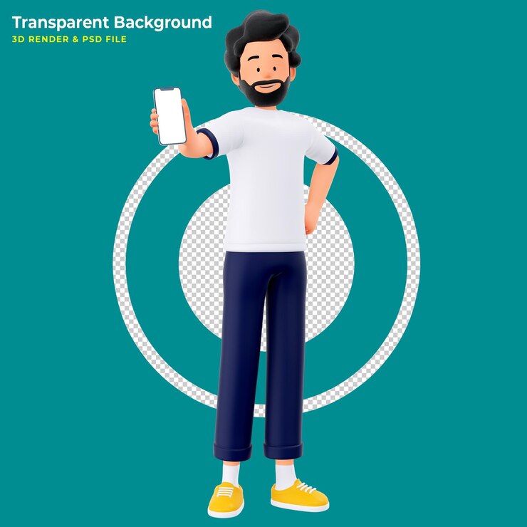 PSD Gratis 3d cartoon character man show smartphone with white blank mock up screen 3d render illustration