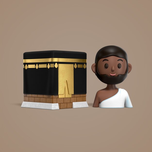 3d cartoon illustration of kaaba and a pilgrim