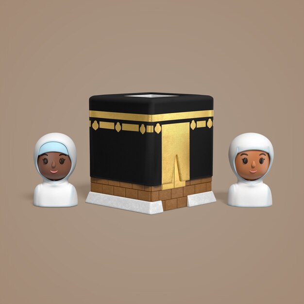 3d cartoon kaaba and muslim woman illustration