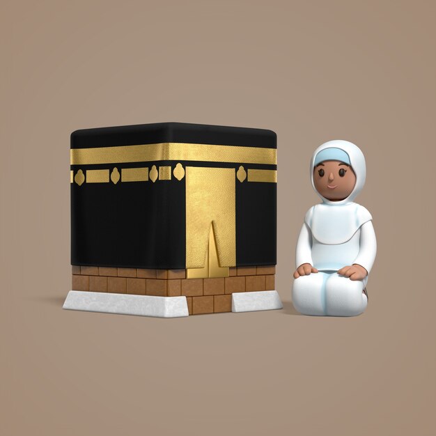 3d cartoon kaaba and muslim woman