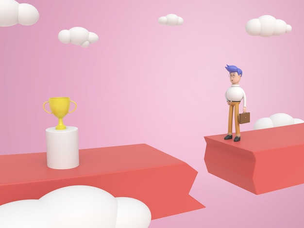 3D-cartoon mannelijke zakenman bedenkt een oplossing om de klus te klaren