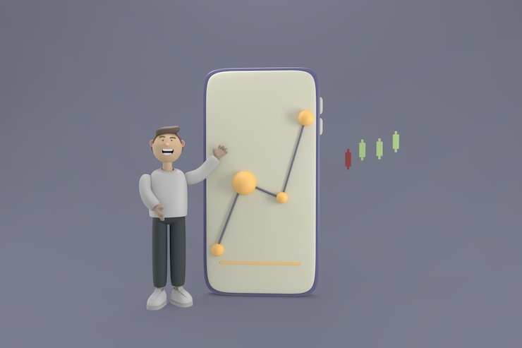 PSD Gratis 3d character financial investor man with trending financial and stock charts in a mobile application