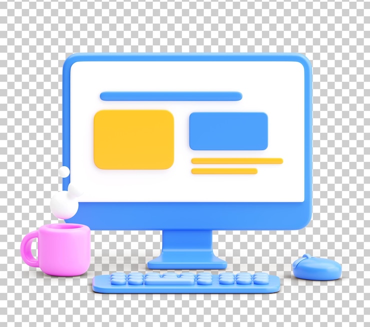 Gratis PSD 3d computer desk scene met website of dashboard layout op het scherm die ui ux design en digital workspace vertegenwoordigt