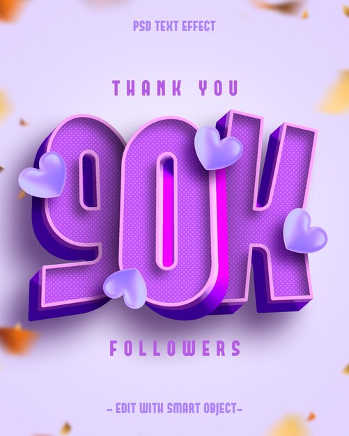 3D Gracias 90K seguidores Efecto de texto editable