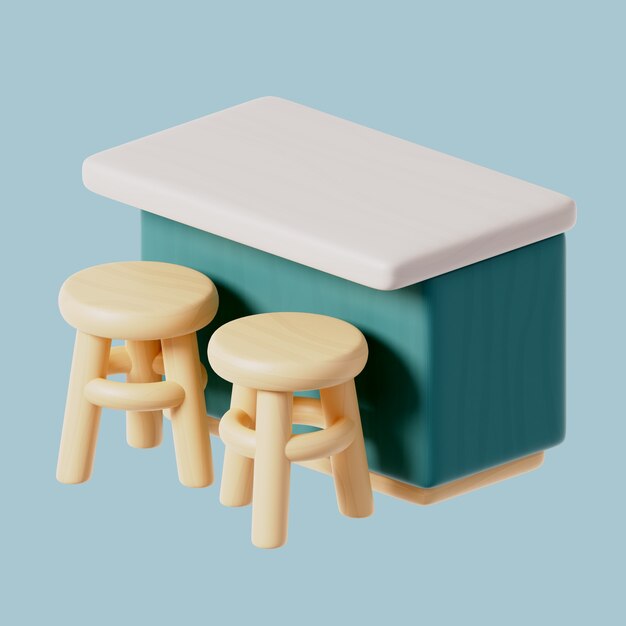 3d icoon van meubels met kookeiland en krukken