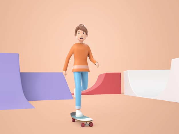 3d illustratie karakter vrouw spelen in skatepark rendering