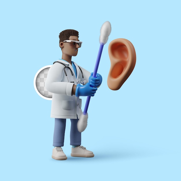3d illustratie kno-arts die het oor schoonmaakt