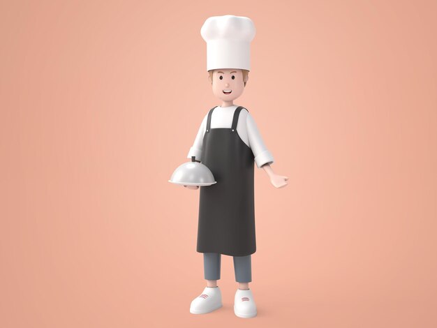 3D illustratie man in Chef uniform Holding Dienblad rendering