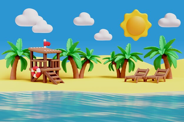 3D illustratie met waterlandschap en natuur