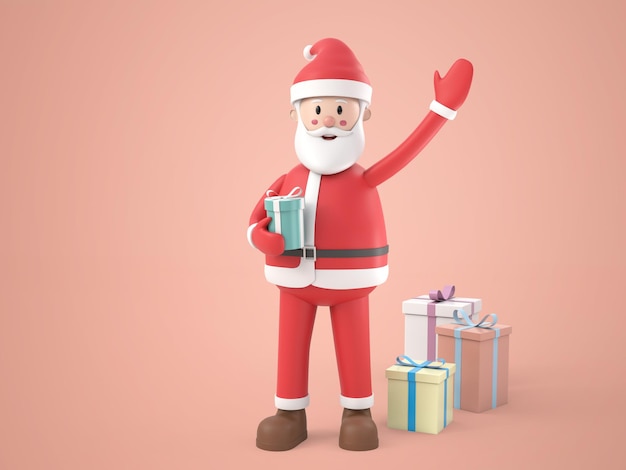 3D illustratie stripfiguur Santa Claus met een geschenk in de hand, gestapeld aanwezig naast hem, geïsoleerd wit. weergave