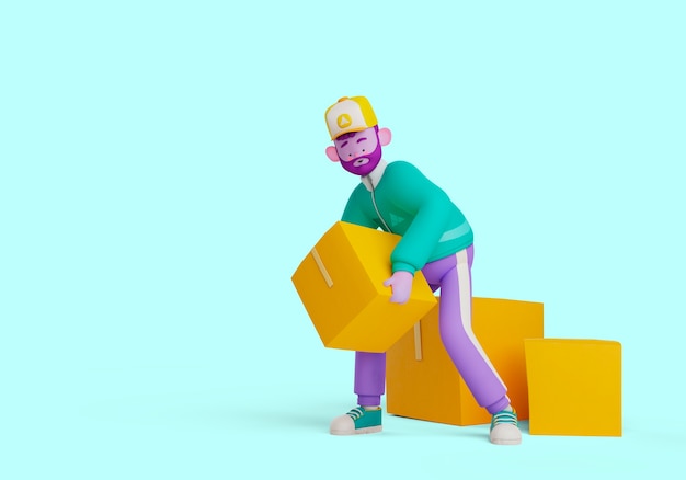 3d illustratie van bezorger karakter handling boxes