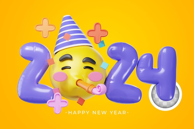 3d-illustratie van een gele emoticon met het nieuwe jaar 2024